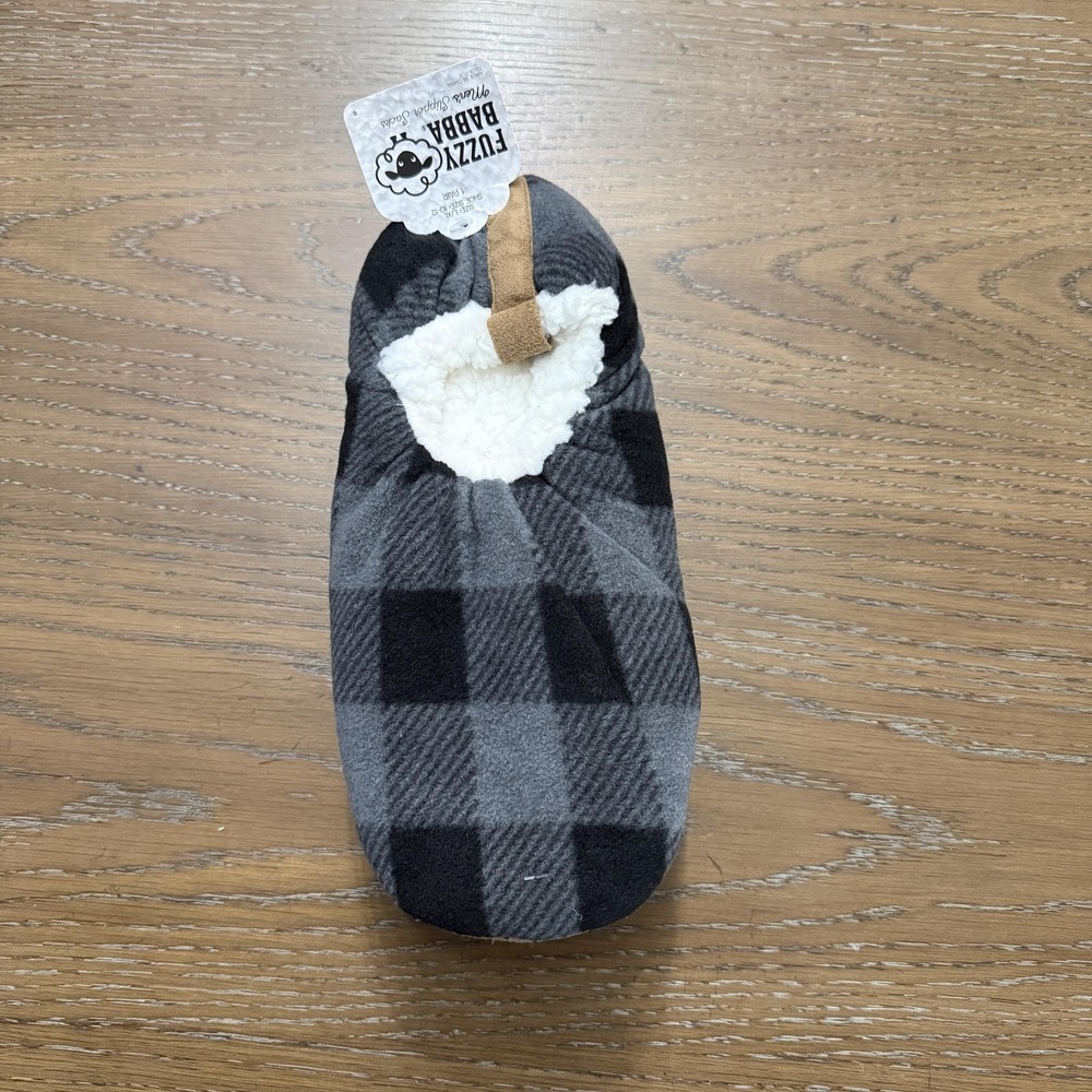 Fuzzy Babba Slippers Mens Size 11 Gray Buffalo Plaid Faux Fur Socks Cozy Indoor